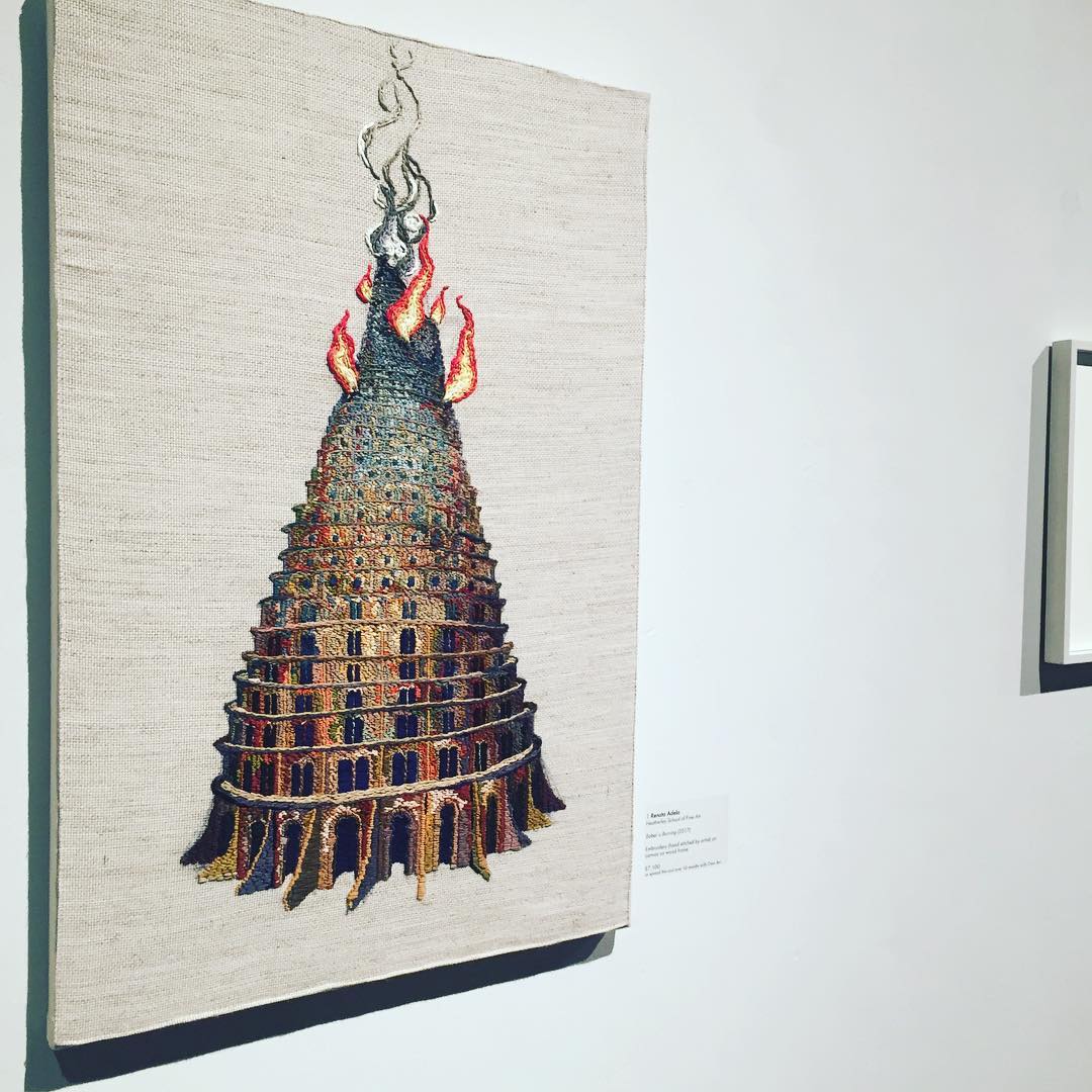 Renata’s great ‘Babel is Burning’ embroidery in the Future British Artists exhibition at the Mall Galleries until 20th Jan. worth a trip to see this and the other stella artist’s works there